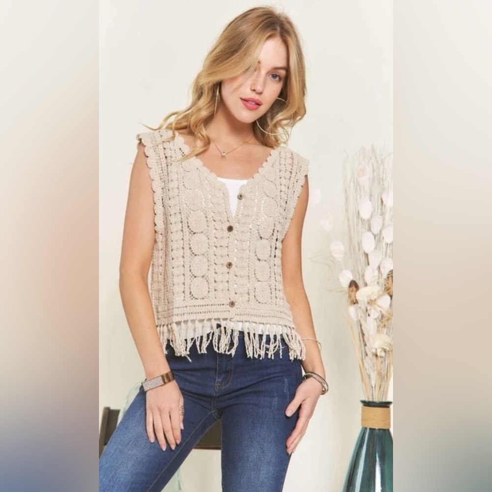 Rebellion Crochet Ivory Knit Button Down Vest with Fringe Tassel Hem.